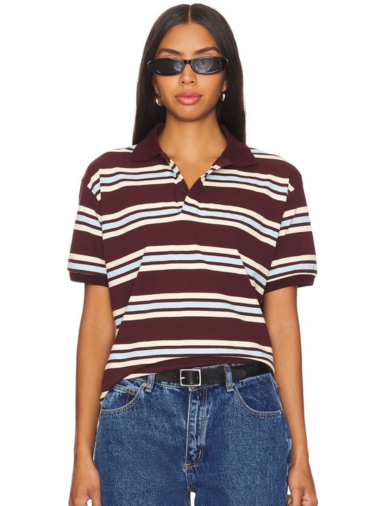 Lioness Tops - Lioness Burgundy, Cream and Light Blue Striped Polo Top